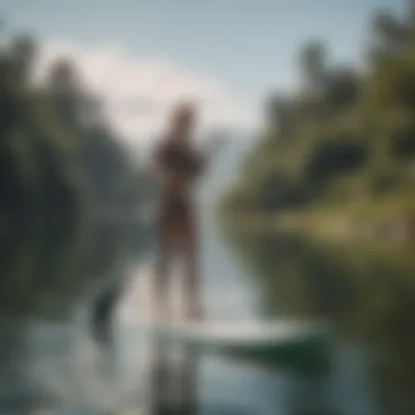 Beginner paddle boarder practicing balance on calm waters