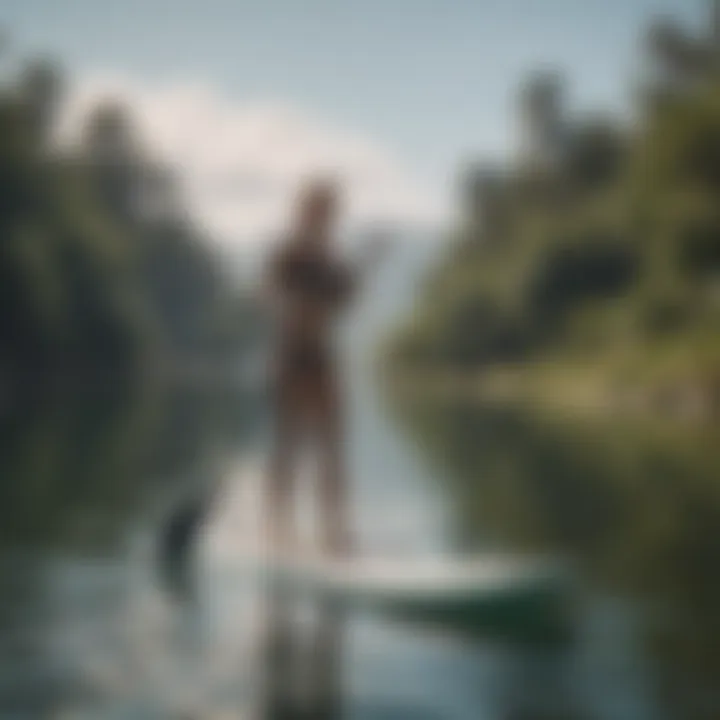 Beginner paddle boarder practicing balance on calm waters