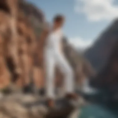 Adrenaline junkie in white denim overalls cliff diving