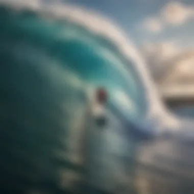 Surfer riding a massive wave in the open ocean