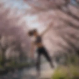 Aerial view of athletes performing tricks amidst cherry blossoms