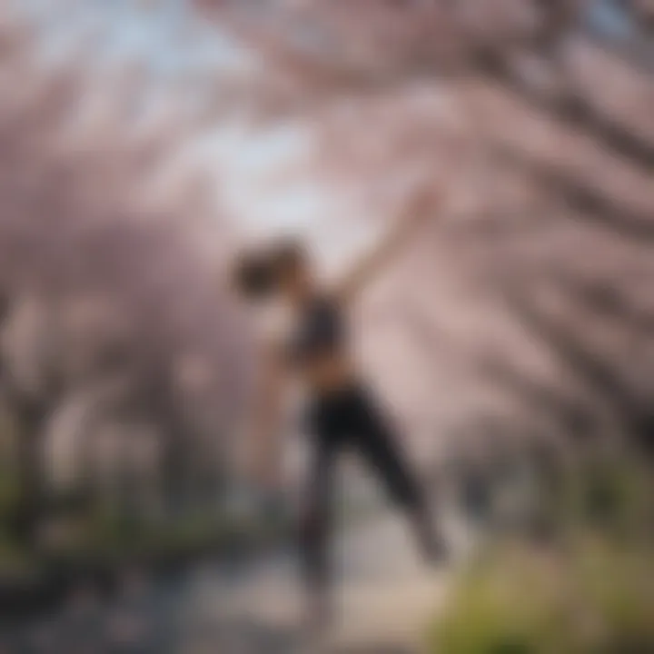 Aerial view of athletes performing tricks amidst cherry blossoms