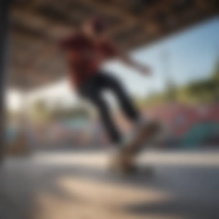 A skateboarder performing tricks on an Arbor skateboard at a skate park.