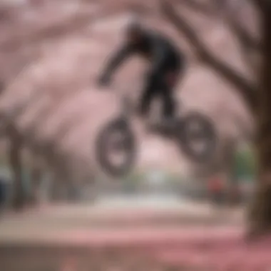 Daring Stunts in a Floral Playground Back view of a BMX rider performing stunts in a cherry blossom-filled arena