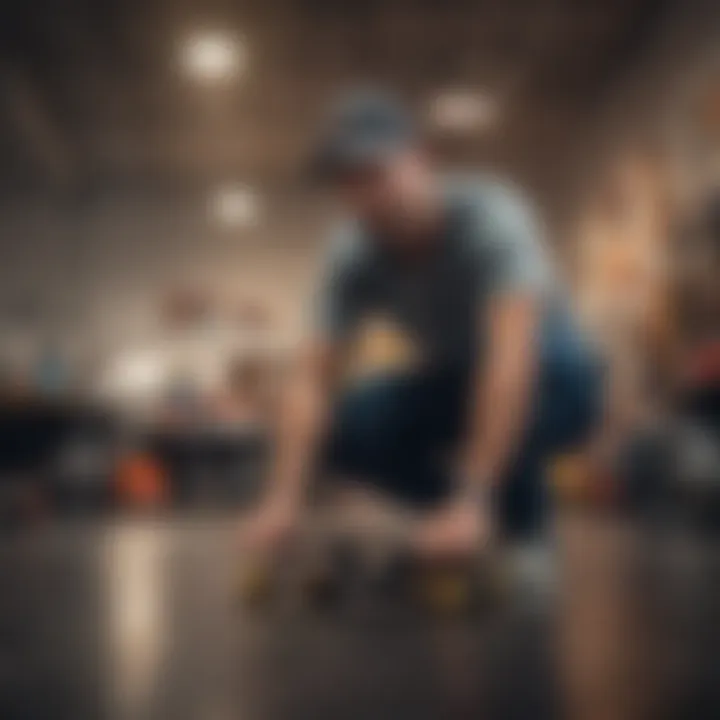 A skateboard enthusiast conducting maintenance on a Baker skateboard, focusing on care techniques.