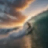 A surfer conquering a massive wave at sunset