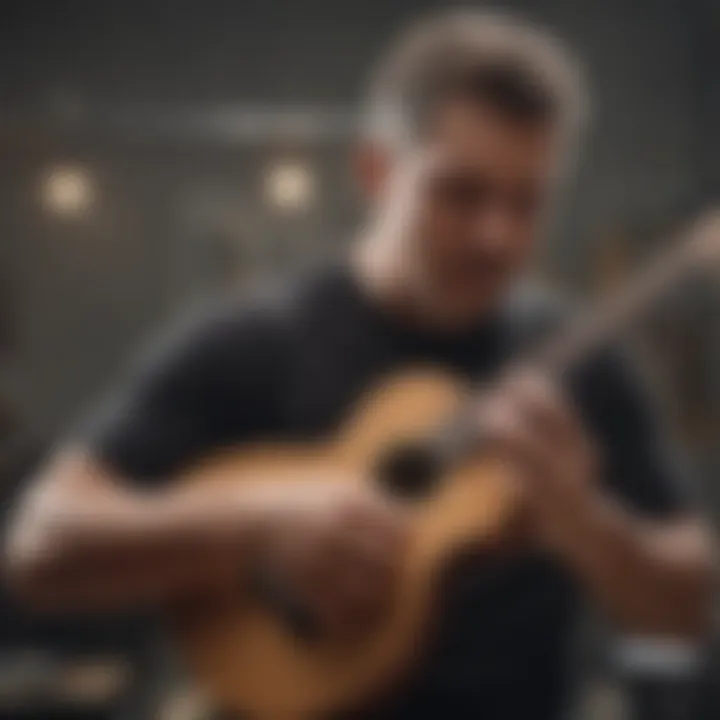 Baritone ukulele being tuned by a musician