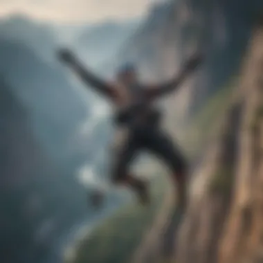 Base jumper soaring in the air with a parachute