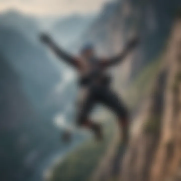 Base jumper soaring in the air with a parachute