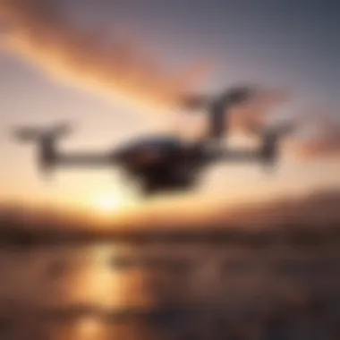 Drone flying smoothly in the sunset sky