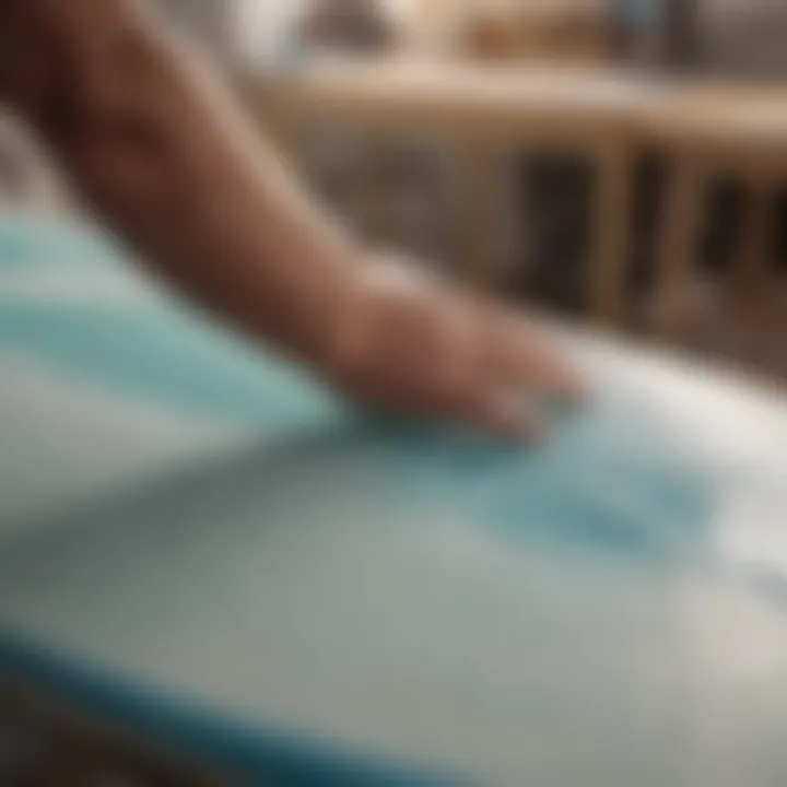 Close-up of a surfboard being coated with epoxy resin