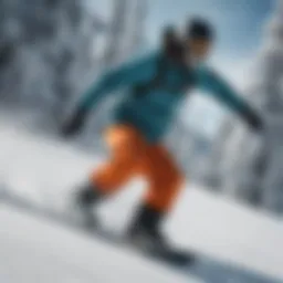 Dynamic snowboarder carving through fresh powder on an all mountain snowboard.