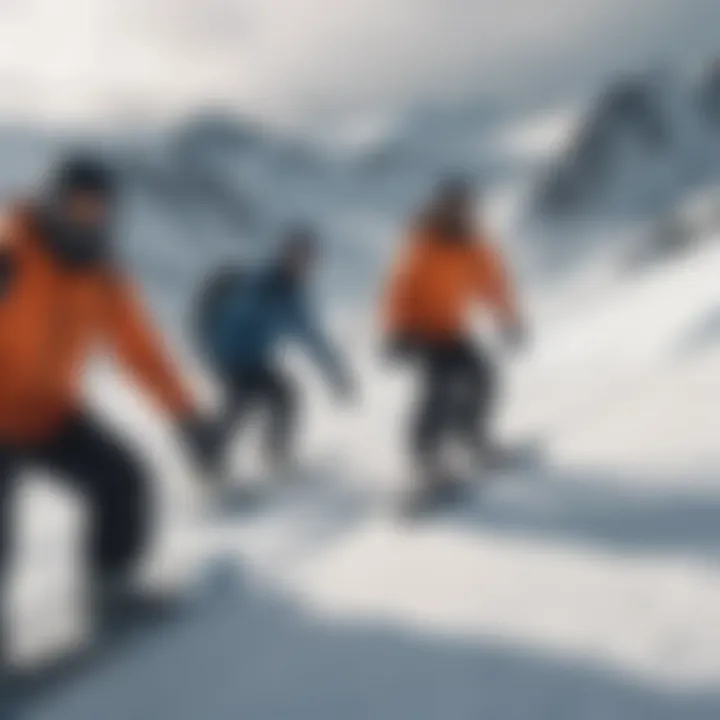 Group of intermediate snowboarders enjoying a day on a diverse mountain terrain.