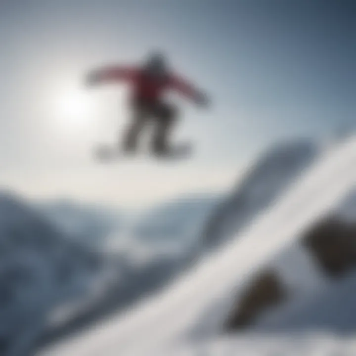 Snowboarder performing a jump with an all mountain snowboard in a scenic landscape.