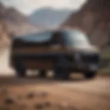 Sleek black van with leopard print accents speeding through rugged terrain