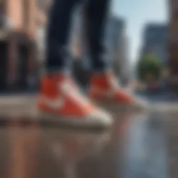 A stylish blazer paired with skate shoes against an urban backdrop