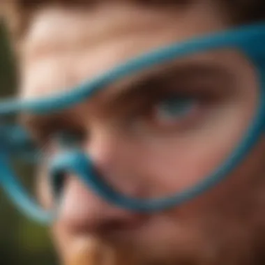 Close-up of blue pit viper sunglasses in high-speed mountain biking action