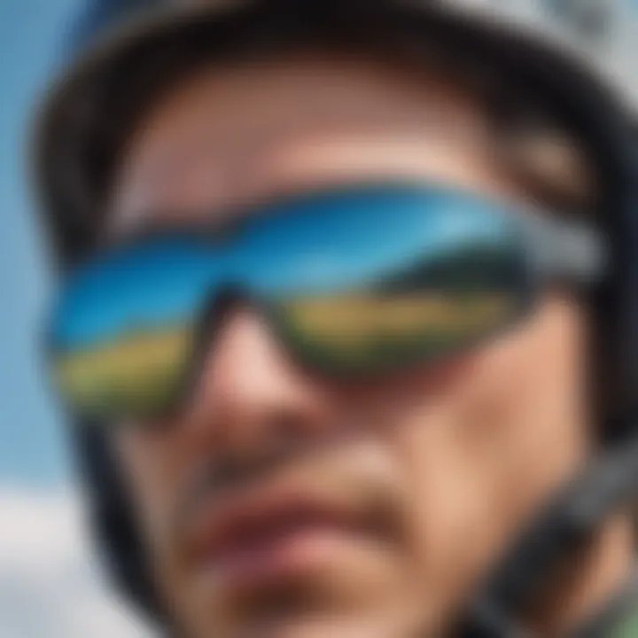 Blue pit viper sunglasses worn by a skydiver against a clear blue sky