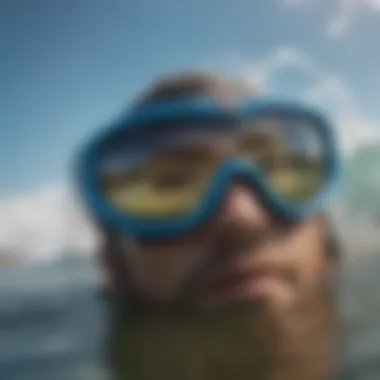 Blue pit viper sunglasses reflecting the waves in a surfer's perspective