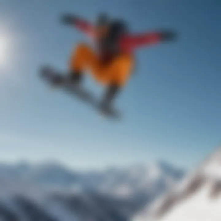 Snowboarder performing a stylish grab trick mid-air with snowy mountains in background