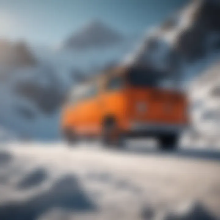 Bright orange van parked at the base of a snowy mountain for skiing