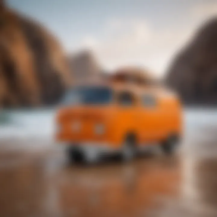 Bright orange van equipped with surfboards on a sandy beach