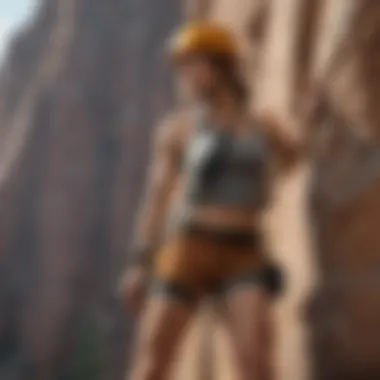 Rock Climbing with Confidence: Fanny Pack Utility Athlete using a brown checkered fanny pack while rock climbing, demonstrating usability and functionality.