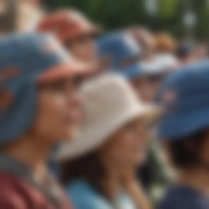 A group of extreme sports enthusiasts sporting bucket hats at a vibrant outdoor festival