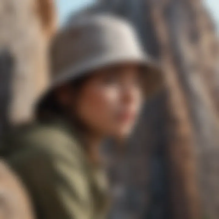 An athlete wearing a bucket hat while rock climbing, highlighting its functional attributes