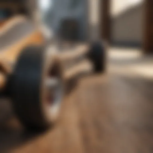 Showcase of various longboard materials like wood, grip tape, and wheels