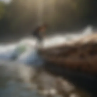 Surfer balancing on wooden log mid-wave