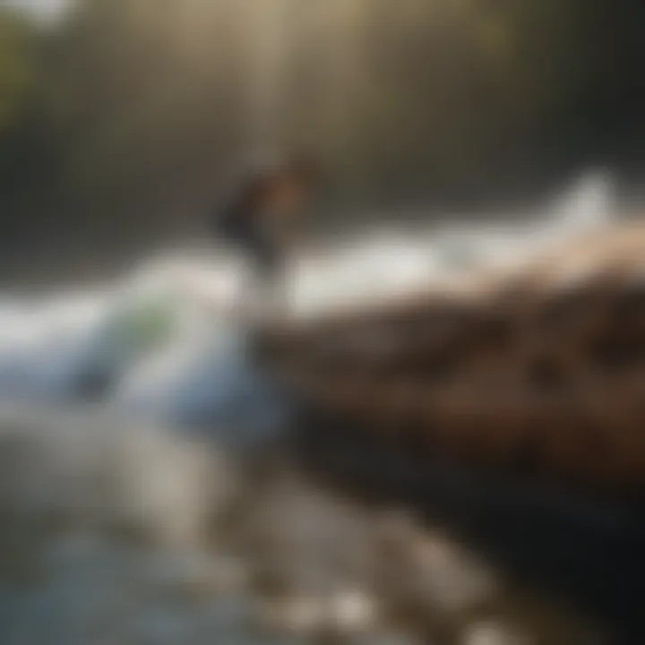 Surfer balancing on wooden log mid-wave
