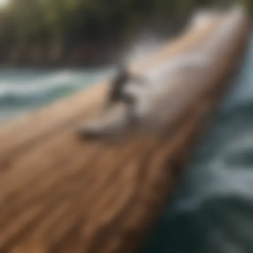 Wooden log surfboard carving through wave
