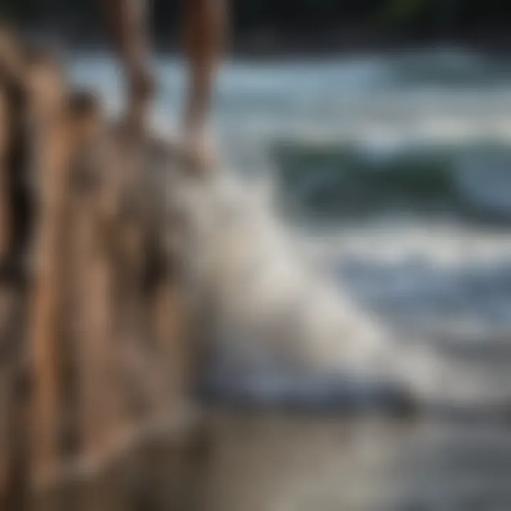 Close-up of log surfing footwork and wave interaction