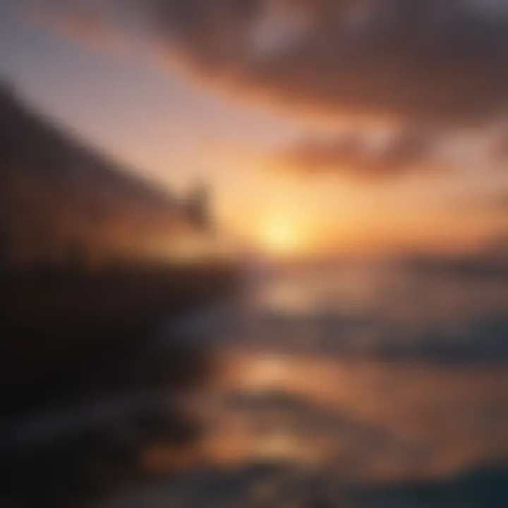 Ocean view with silhouette of log surfer at sunset