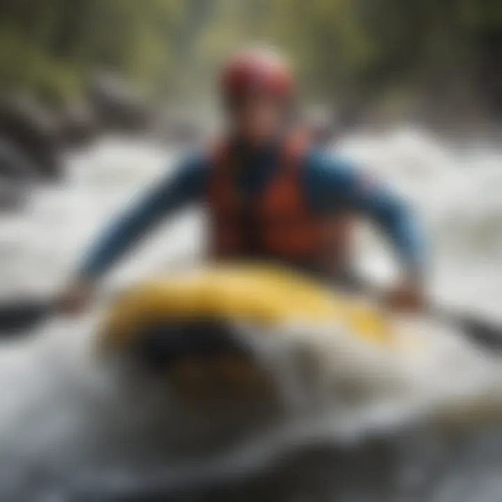 Close-up of a fearless competitor navigating through turbulent whitewater rapids