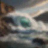 A dramatic wave crashing against a rocky shoreline, symbolizing the challenges of extreme sports.