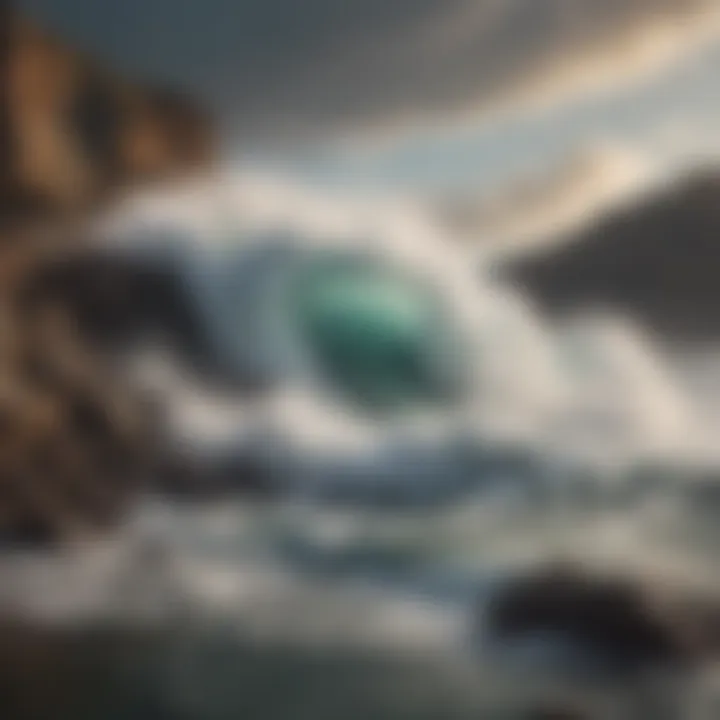 A dramatic wave crashing against a rocky shoreline, symbolizing the challenges of extreme sports.