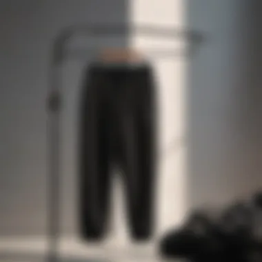 Minimalist black sweatpants on hanger