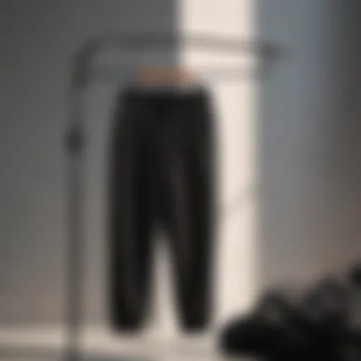 Minimalist black sweatpants on hanger