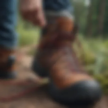 Checkered shoe laces intertwined with hiking boots on a challenging trail