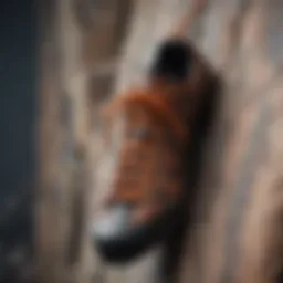 Pair of checkered shoe laces dangling from a rock climber's gear