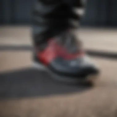 Close-up of skydiver's parachute harness featuring checkered shoe laces