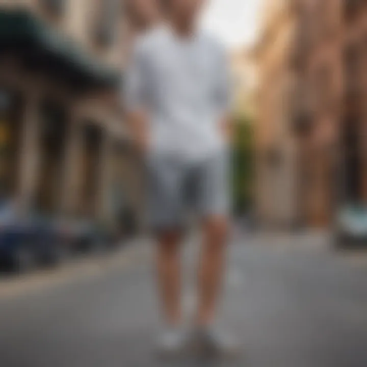 Gray sweatshorts paired with a crisp white shirt and loafers