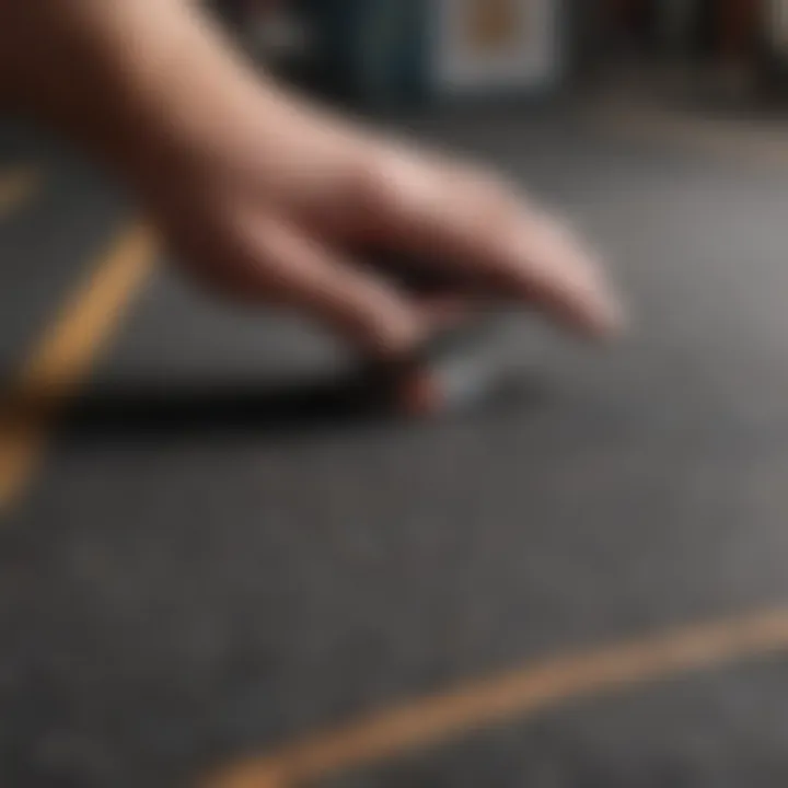 Close-up shot of grip tape being meticulously applied on a skateboard