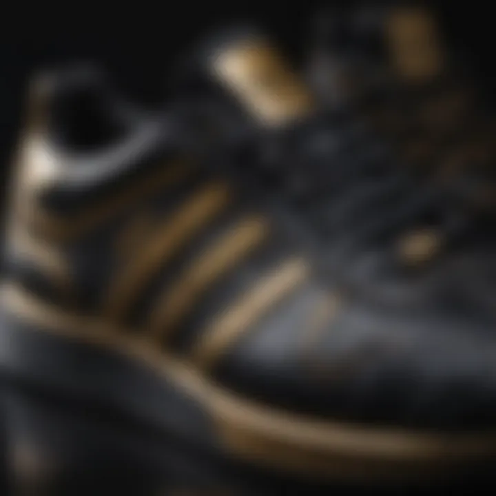 Close-Up of Intricate Stitching on Black and Gold Adidas Sneakers