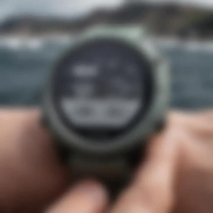 Close-up of Garmin Instinct Seafoam screen displaying weather updates