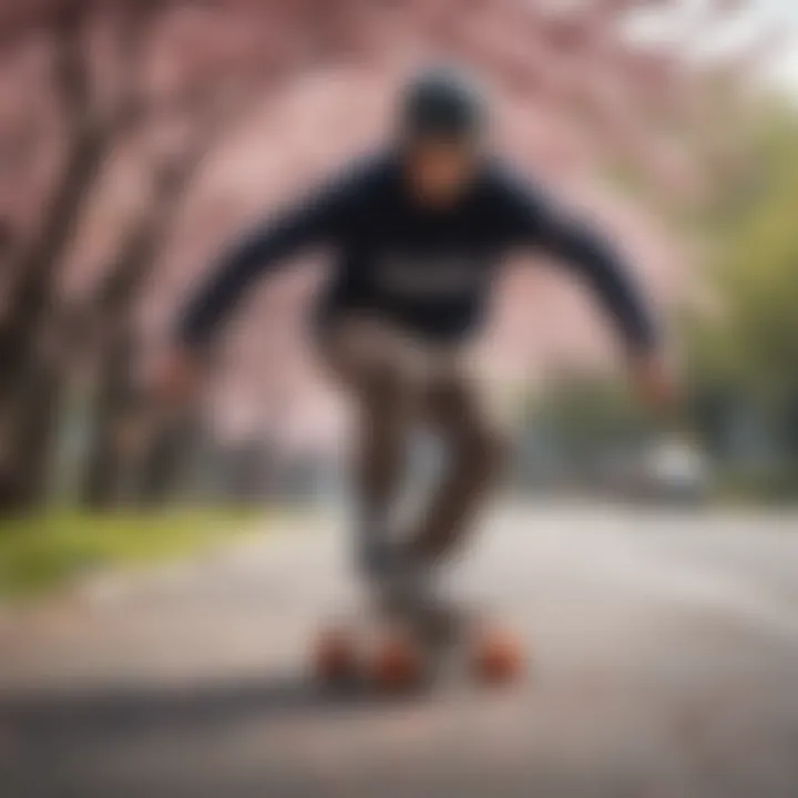 Close-up of skateboarder executing a daring move surrounded by cherry blossoms
