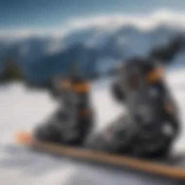 Close-up of snowboard bindings with mountain range backdrop