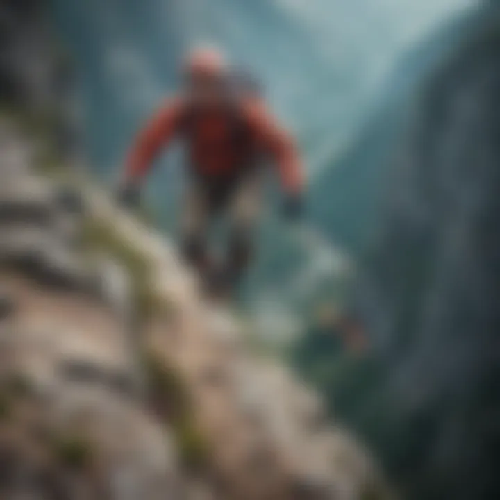 Base jumper leaping off a cliff with coil leash for added safety